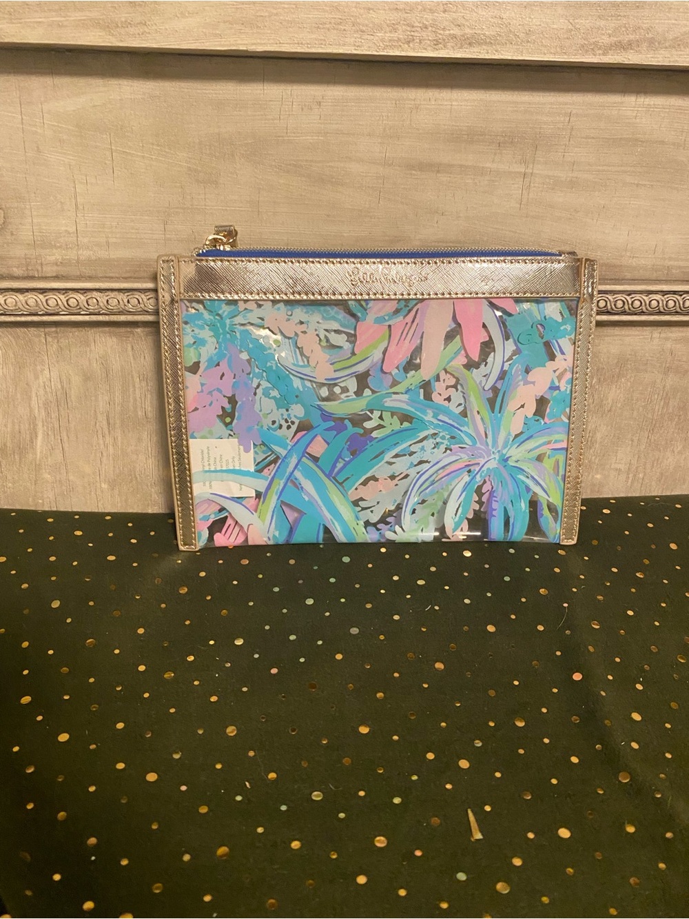 EUC Lilly Pulitzer Metallic Trim Multi-Color Tropical Print Zip Pouch